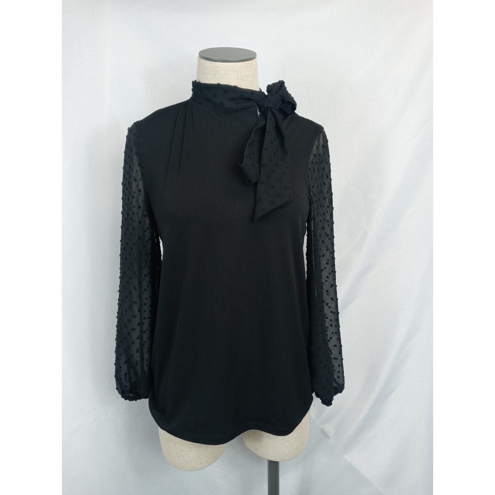 Cable & Gauge Black Sheer Sleeve Blouse S/P Bow Neck Dot Mesh‎ Elegant